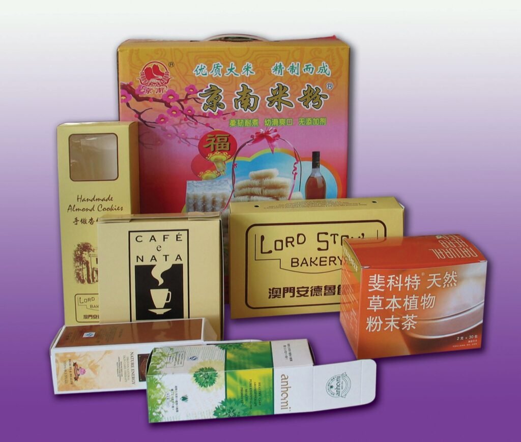 Assorted custom printed folding carton box styles for food, cosmetics and retail products