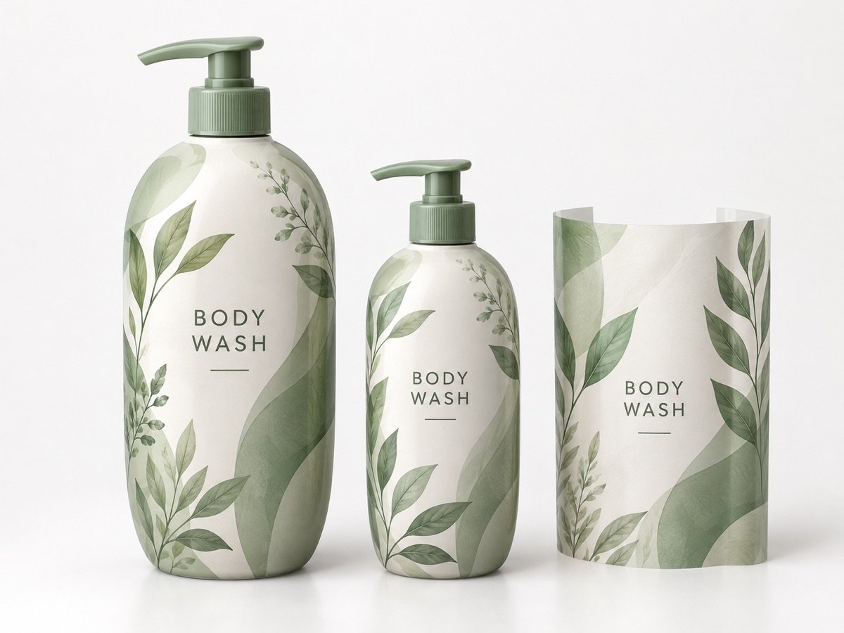 Body wash pump bottles and a matching printed shrink sleeve, packaging concept