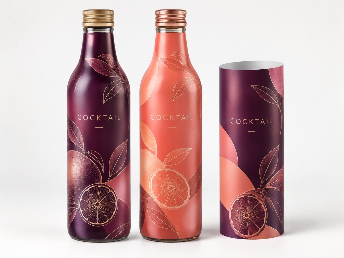 Cocktail bottles with plum and coral shrink sleeve labels, packaging concept