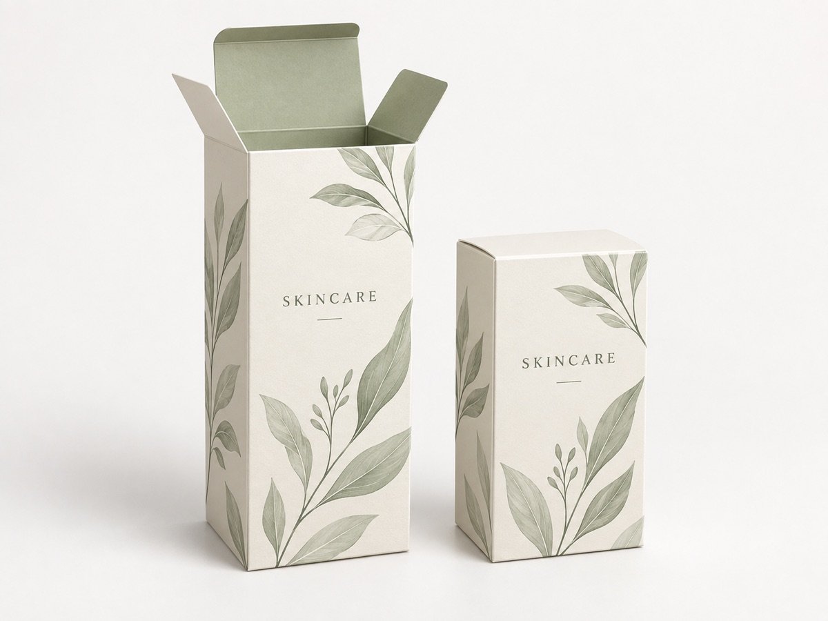 Sage and ivory skincare folding cartons with tuck flaps, packaging concept
