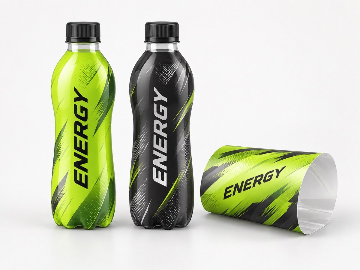 Functional energy drink bottles with full-body shrink sleeves, packaging concept