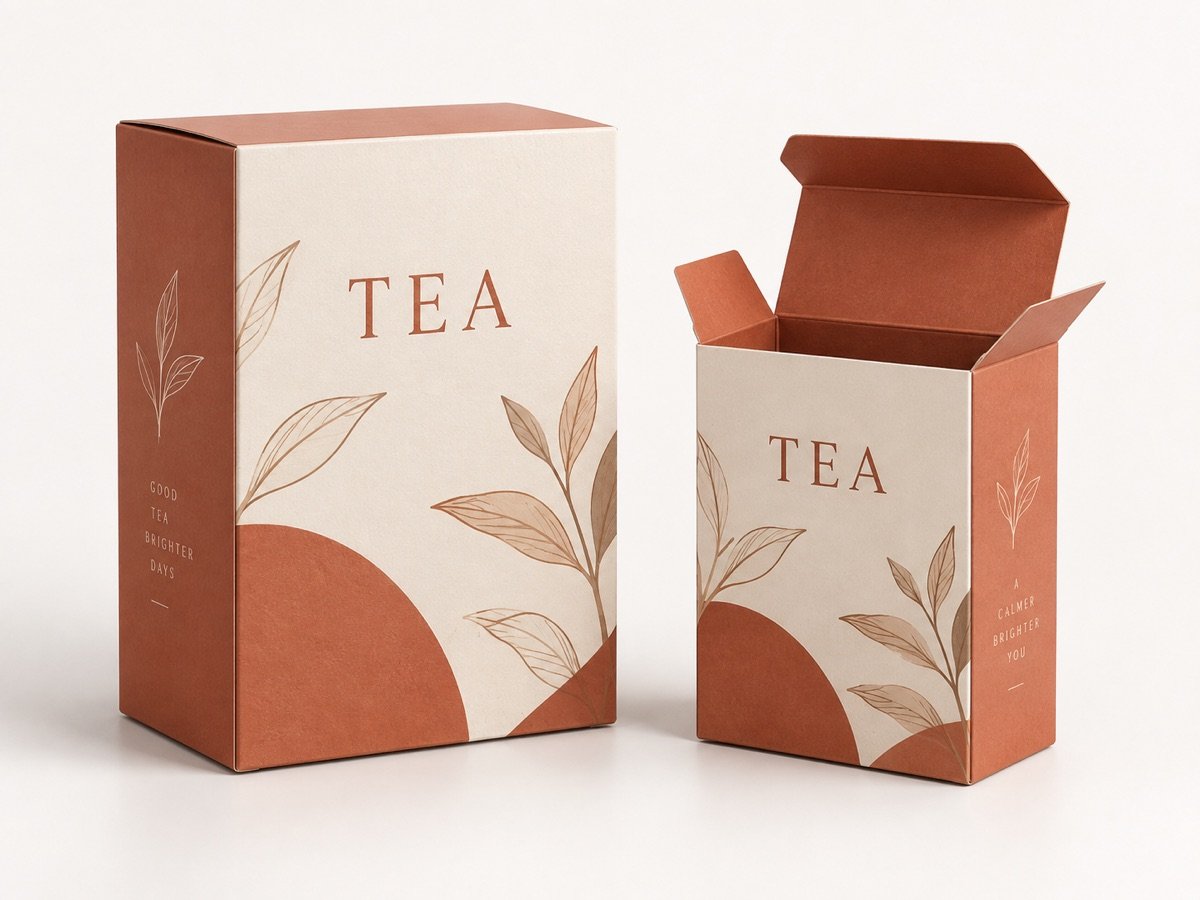 Cream and terracotta tea retail folding paper boxes, packaging concept