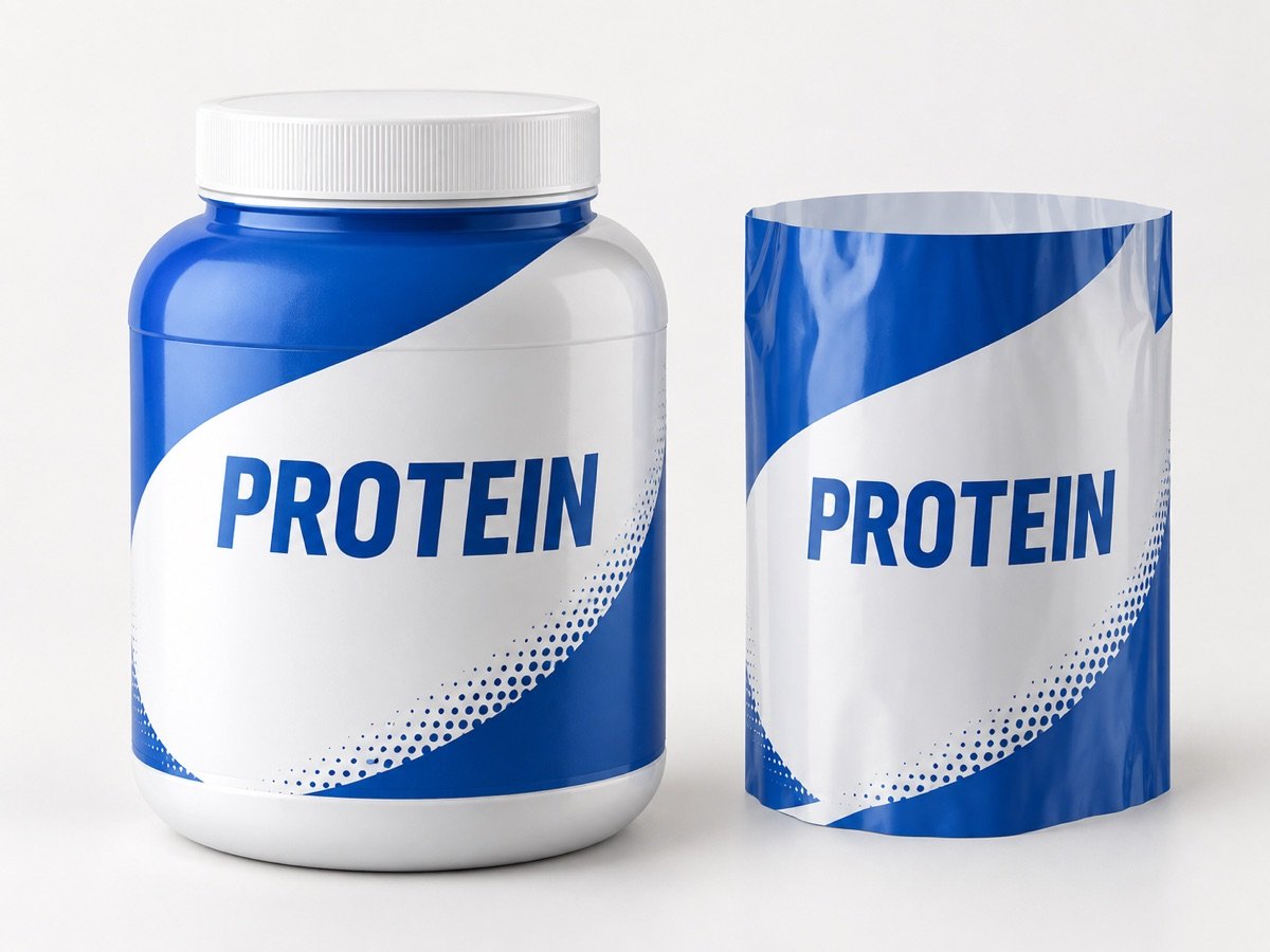 Protein powder tub with a blue and white printed shrink sleeve, packaging concept
