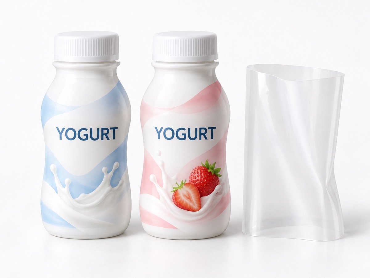 Milky-white yogurt bottles with blue and pink shrink sleeve designs, packaging concept