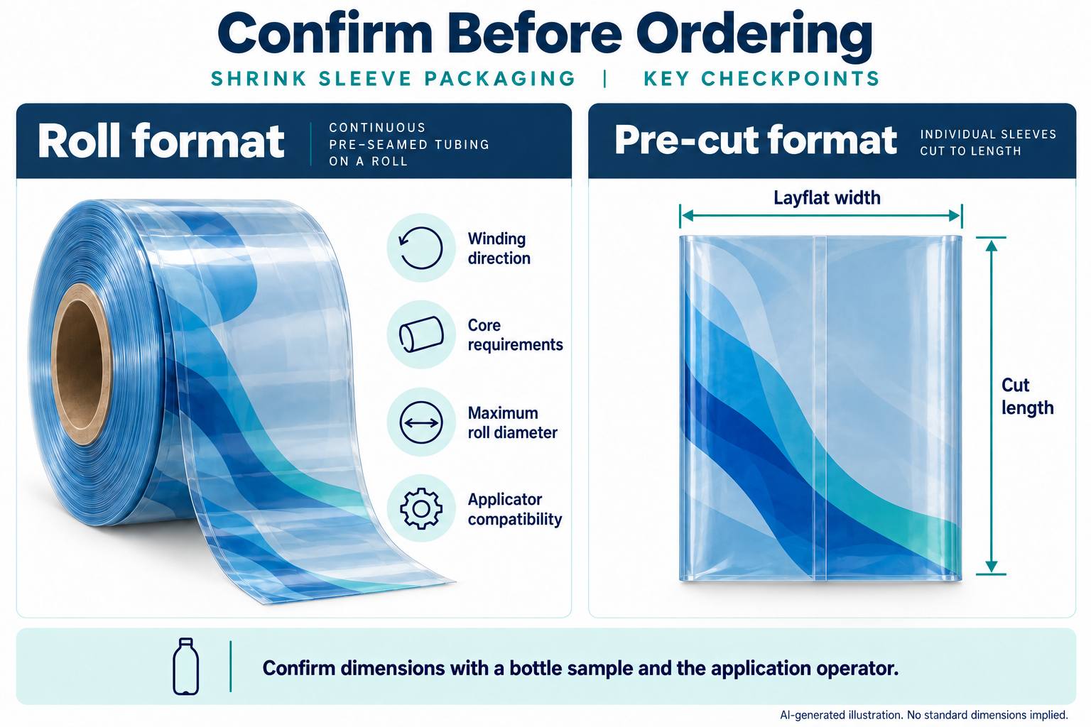 AI ordering checklist showing roll requirements and layflat width and cut length measured on a flattened tubular sleeve