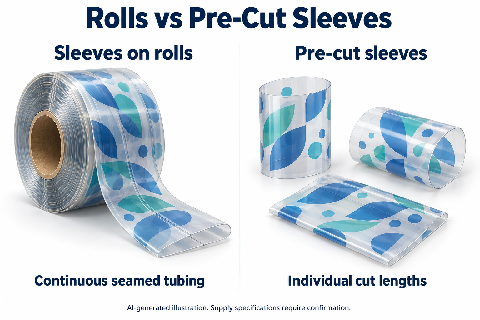 AI illustration comparing continuous seamed shrink sleeve tubing on a roll with individual pre-cut tubular sleeves