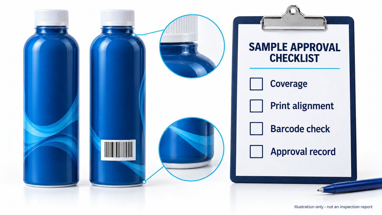 Illustrated shrink sleeve sample approval checklist covering coverage, print alignment, barcode checks and approval records