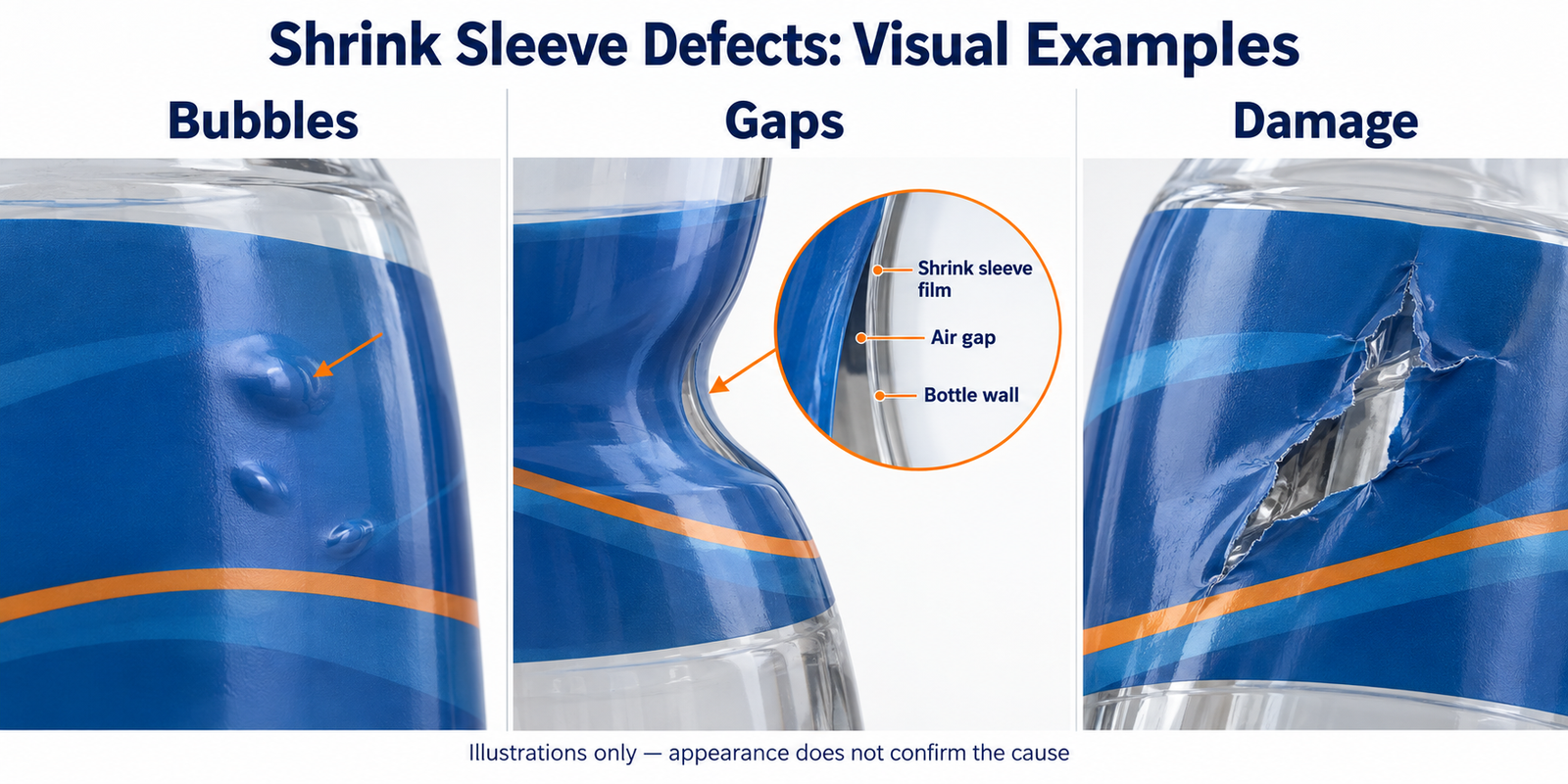 Illustrated examples of localized bubbles, a sleeve-to-bottle gap and torn film